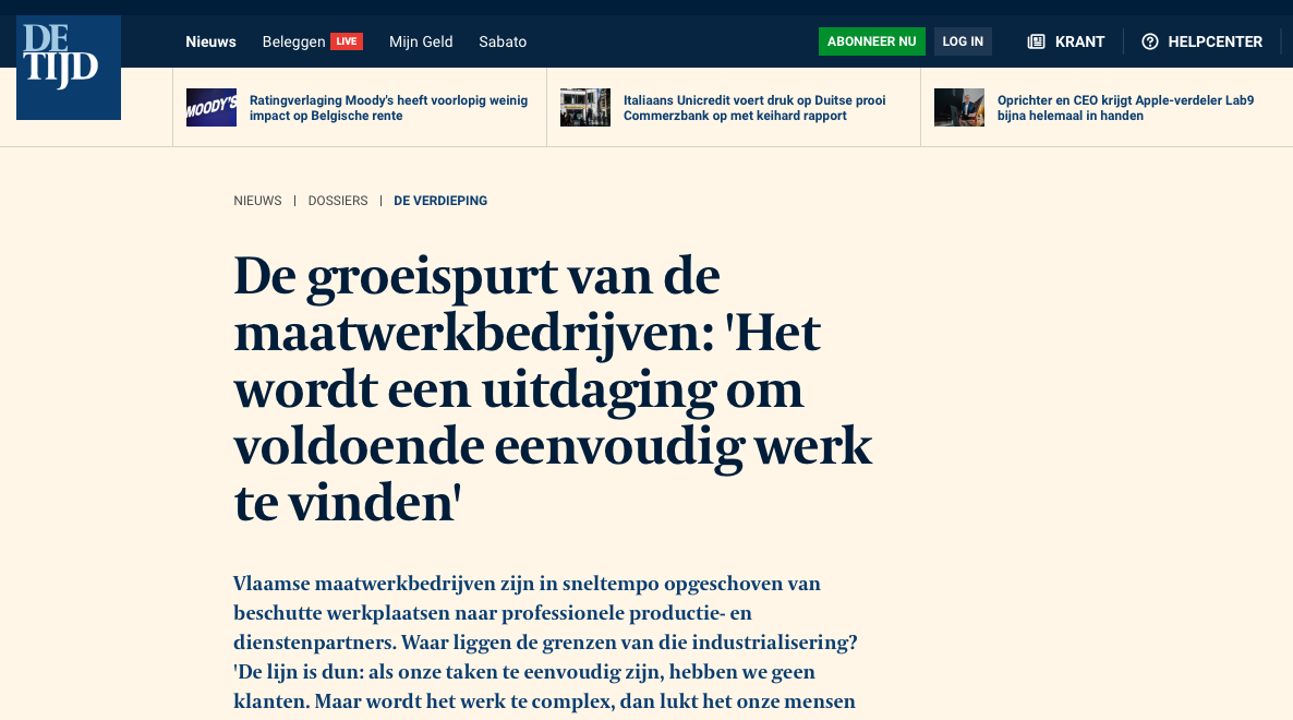 Screenshot of a De Tijd article page featuring a large Dutch headline about the growth spurts of custom-made companies and a paragraph excerpt.